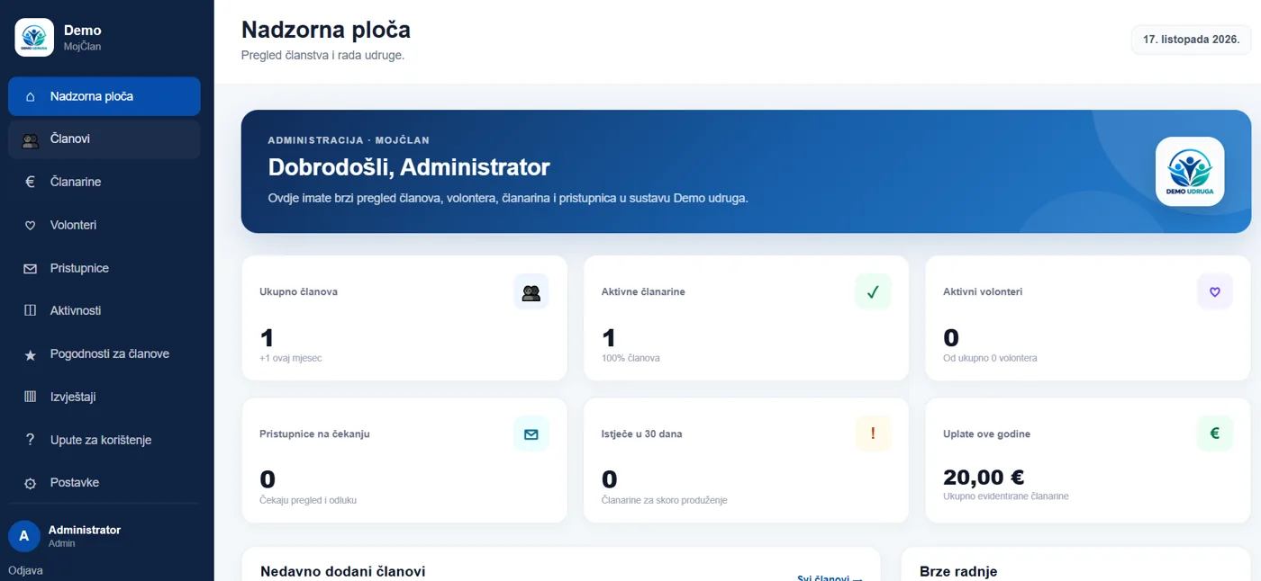 Snimka nadzorne ploče MojČlan