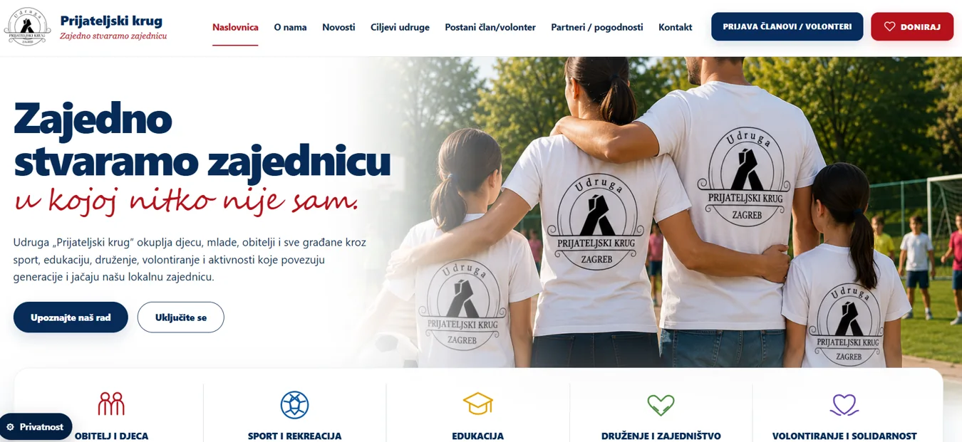 Snimka naslovnice web stranice Prijateljski krug