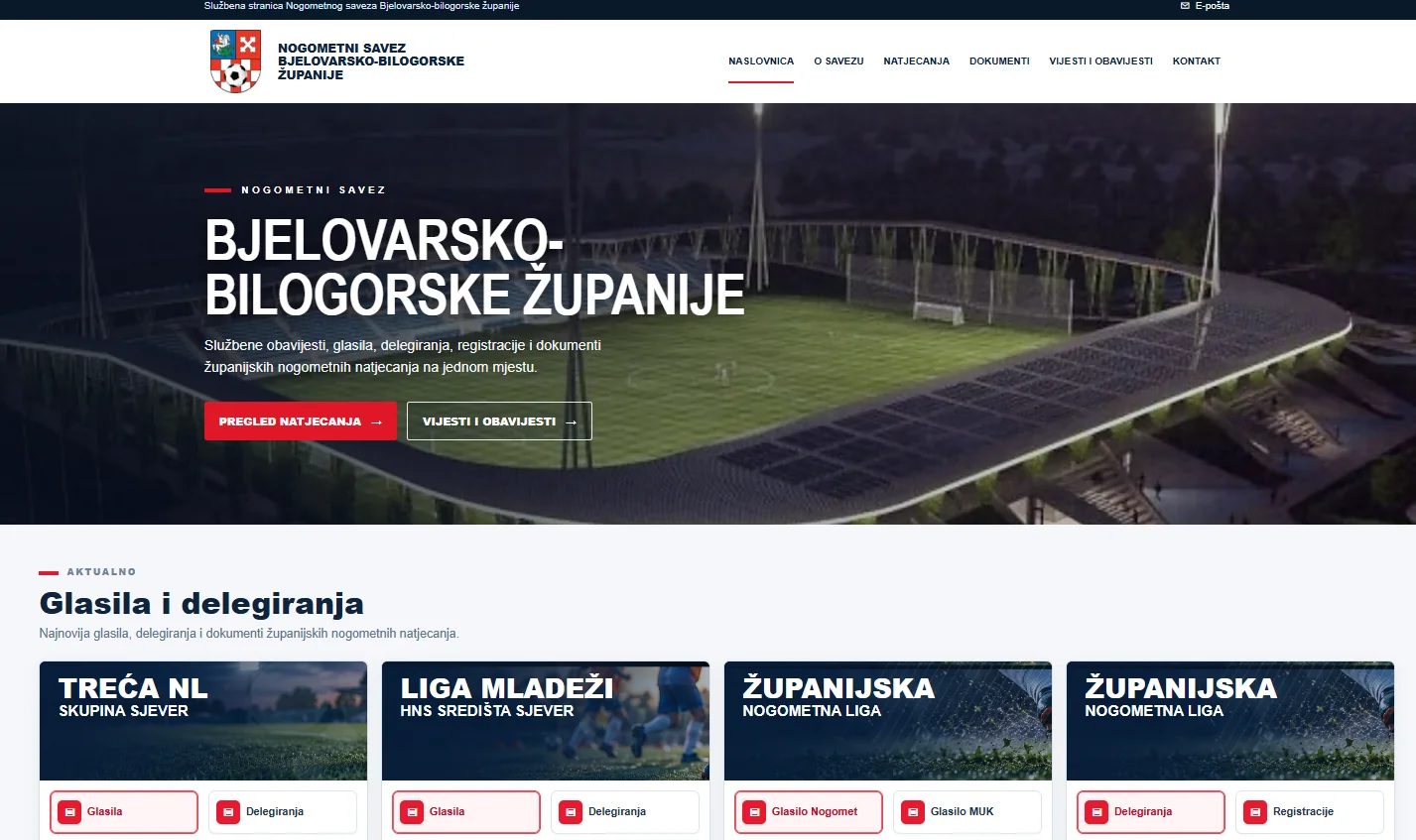 Snimka naslovnice web stranice Nogometnog saveza Bjelovarsko-bilogorske županije